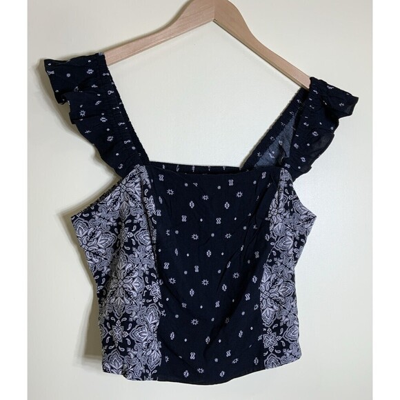 TORRID Challis Smocked Ruffle Trim Crop Top Black White Size 1 1X 14-16 NWT - Picture 1 of 5